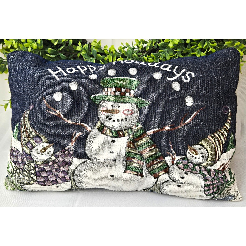 VTG Happy Holidays Snowman Tapestry Pillow Christmas Winter Accent Navy Back